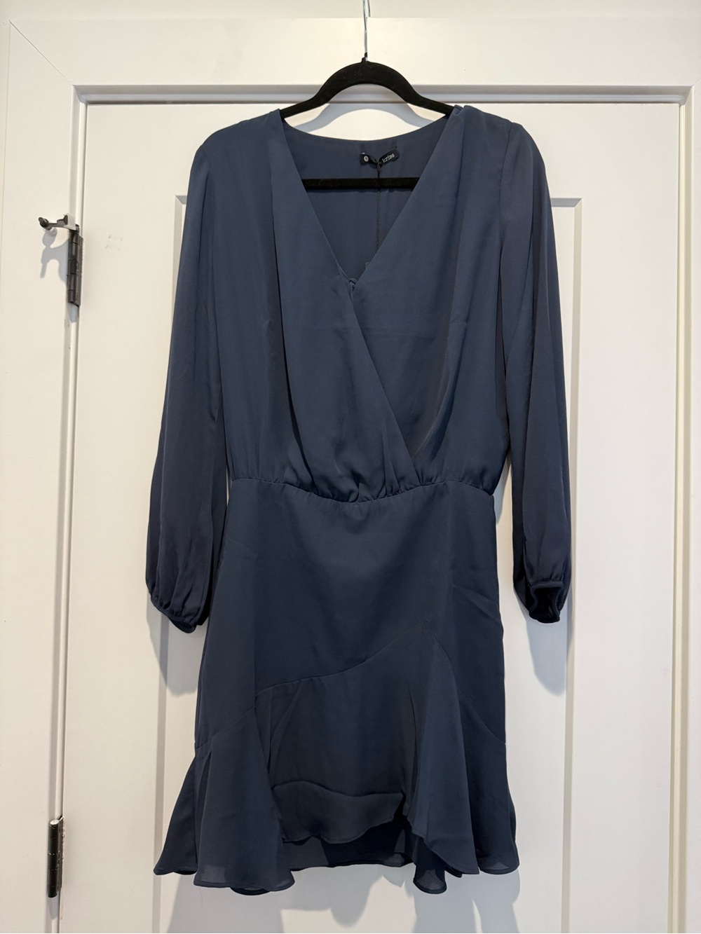 krisa Revolve Navy Wrap Mini Dress Long Blouson Sleeve Ruffle Hem Size S NWT